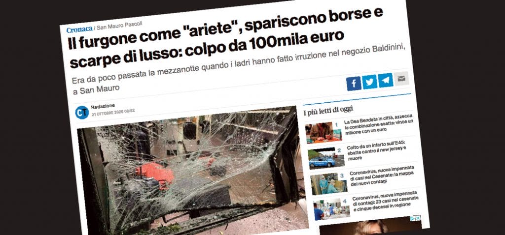 Cesena, spaccata outlet Baldinini: bottino da 100.000 euro