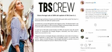 Ferragni liquida Morgese e Barindelli e sale al 100% di TBS Crew