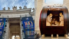 There is a leather nativity scene inside a drum in St. Peter's Square